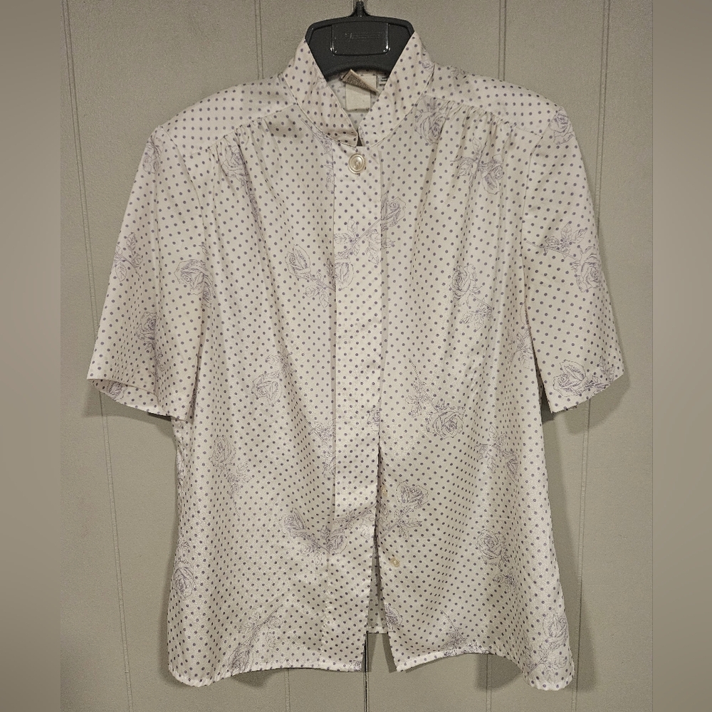VINTAGE Pykettes Shirt Womens Medium Purple White Polka-dot Floral Roses Blouse